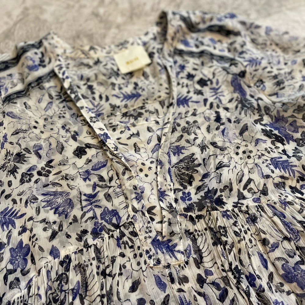 Maeve White Blue & Black Floral Sheer‎ Boho Dress